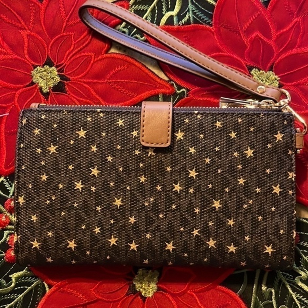 Brand New Michael Kors Phone Case Wristlet Zip Pockets Wallet Brown Gold Stars - Picture 3 of 15